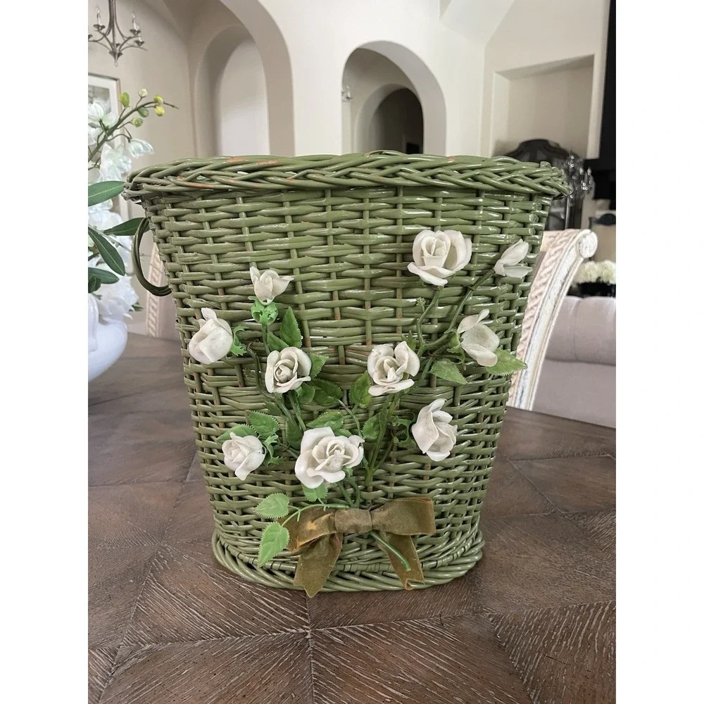 Vtg Green Wicker Rattan Waste Paper Basket Bin Can Unique White Floral Bouquet